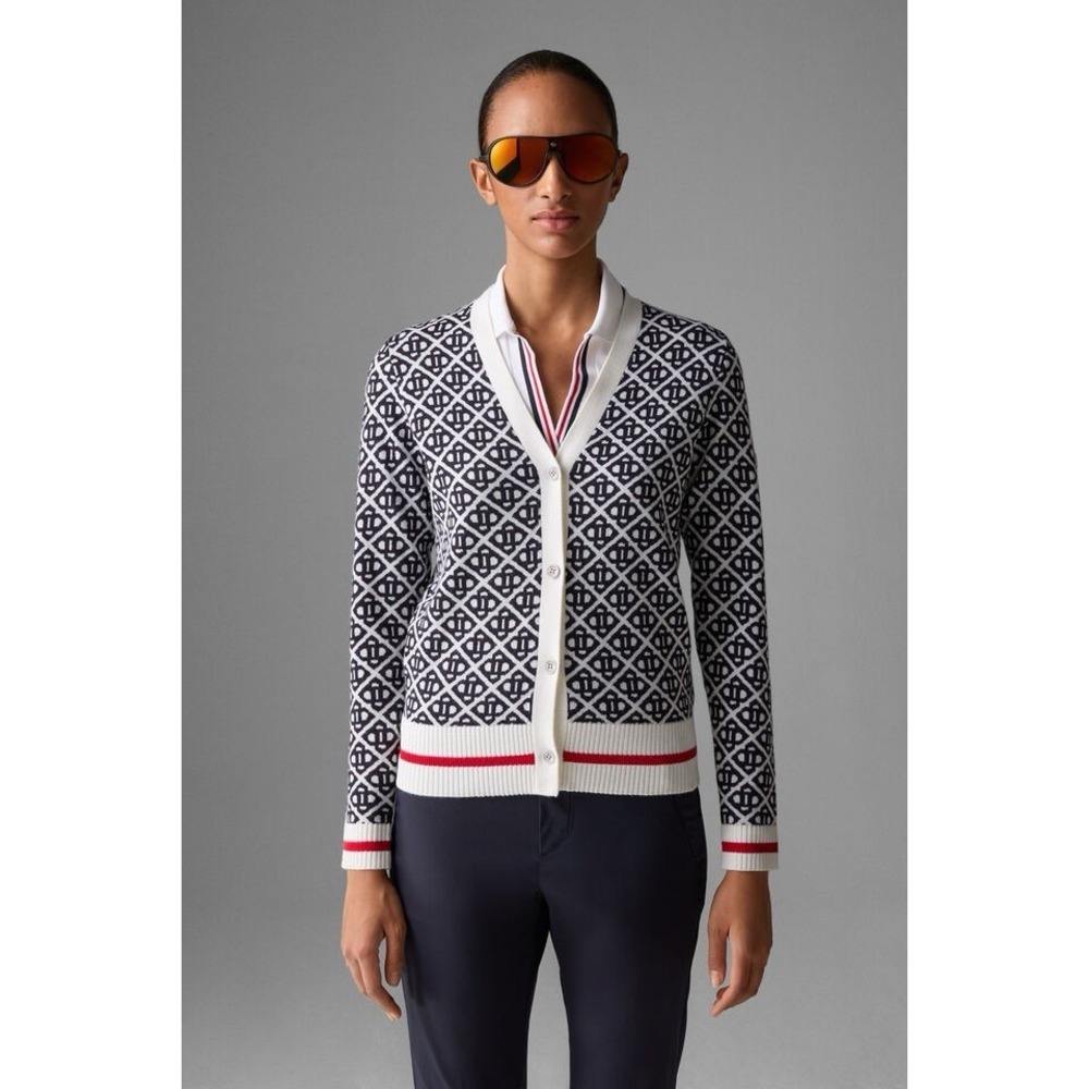 Bogner Stina White Blue Multi Printed Cardigan Size L EU 40 Preppy Luxury Wool